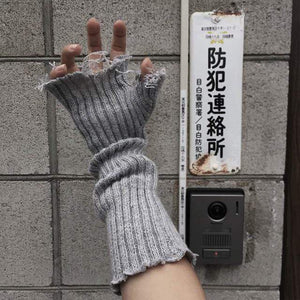 Planet Gates gray Black Gray Beige Tattered Punk Unisex Fingerless Cuff Knit Gloves Women Men Elbow Length Mittens Broken Cool Stretch Arm Warmer