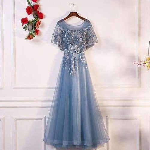 Planet Gates gray blue / 6 Evening Dresses Long 2018 New O-neck With Jacket Luxury Appliques Flower Tulle Formal Evening Gown