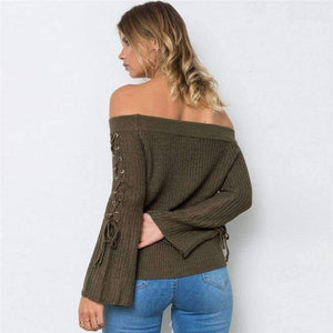 Planet Gates Gray Blue / One Size Sexy Off Shoulder Knitting Pullovers Fashion Lace Up Long Sleeve Autumn Winter Sweater Women Casual Jumpers Pull Femme