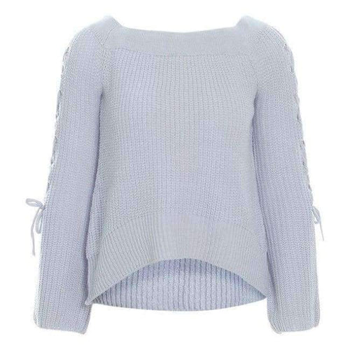 Planet Gates Gray Blue / One Size Sexy Off Shoulder Knitting Pullovers Fashion Lace Up Long Sleeve Autumn Winter Sweater Women Casual Jumpers Pull Femme