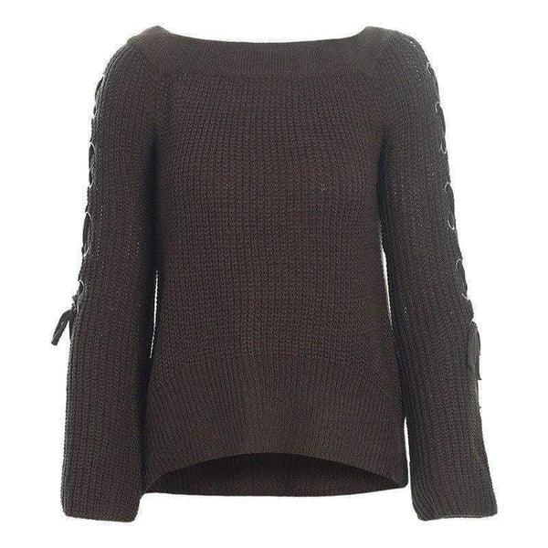 Planet Gates Gray Blue / One Size Sexy Off Shoulder Knitting Pullovers Fashion Lace Up Long Sleeve Autumn Winter Sweater Women Casual Jumpers Pull Femme