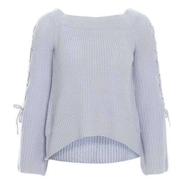 Planet Gates Gray Blue / One Size Sexy Off Shoulder Knitting Pullovers Fashion Lace Up Long Sleeve Autumn Winter Sweater Women Casual Jumpers Pull Femme