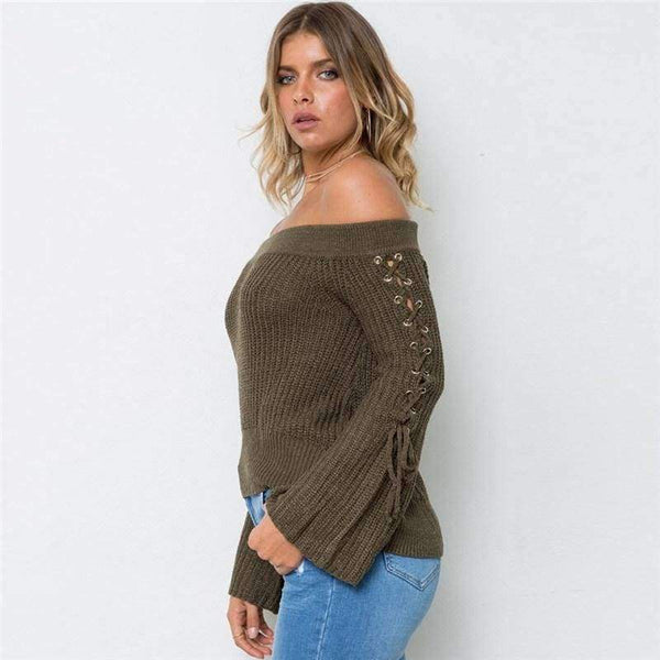 Planet Gates Gray Blue / One Size Sexy Off Shoulder Knitting Pullovers Fashion Lace Up Long Sleeve Autumn Winter Sweater Women Casual Jumpers Pull Femme