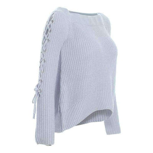 Planet Gates Gray Blue / One Size Sexy Off Shoulder Knitting Pullovers Fashion Lace Up Long Sleeve Autumn Winter Sweater Women Casual Jumpers Pull Femme