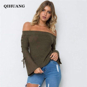 Planet Gates Gray Blue / One Size Sexy Off Shoulder Knitting Pullovers Fashion Lace Up Long Sleeve Autumn Winter Sweater Women Casual Jumpers Pull Femme