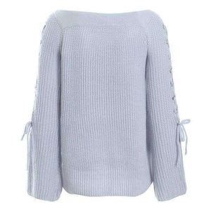 Planet Gates Gray Blue / One Size Sexy Off Shoulder Knitting Pullovers Fashion Lace Up Long Sleeve Autumn Winter Sweater Women Casual Jumpers Pull Femme