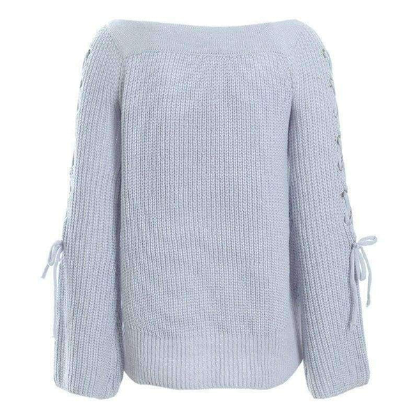 Planet Gates Gray Blue / One Size Sexy Off Shoulder Knitting Pullovers Fashion Lace Up Long Sleeve Autumn Winter Sweater Women Casual Jumpers Pull Femme
