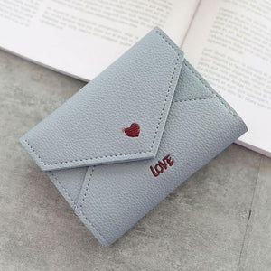 Planet Gates Gray-blue Women Wallets Purse  Mini Wallet Love Heart-shaped Embroidery Line Lychee Pattern Multifunctional Wallet 3 Fold Small Wallet