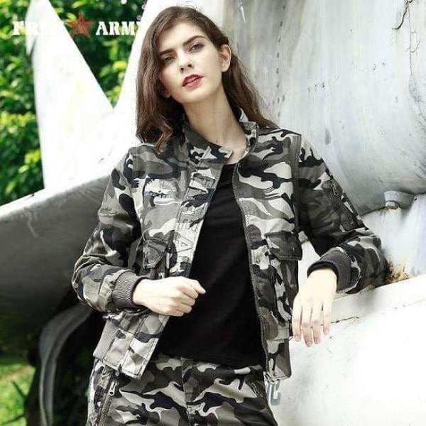 Planet Gates gray camo / S Autumn Fashion Women's Bomber Jacket Winter Army Green Pocket Military Camo Jackets 3 Colors Female Jackets Plus Size