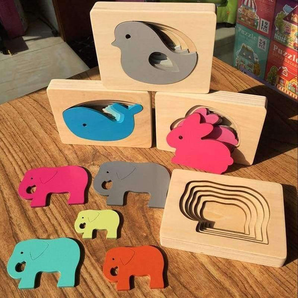 Planet Gates Gray Children Toys Animal Carton 3D Puzzle Multilayer Jigsaw Puzzle Baby Wooden Toys Child Early Educational Aids Gift
