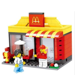 Planet Gates Gray City Series Mini Street Model Store Shop with McDonald`s Coffee Apple house Building Blocks Toys Hotsale Compatible
