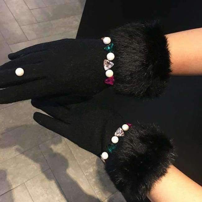 Planet Gates 2017 Brand Luxury Women's Winter Wool Gloves Colorful Crystal Real Rabbit Fur Elegant Fur Gloves Female Mittens Cashmere Gloves