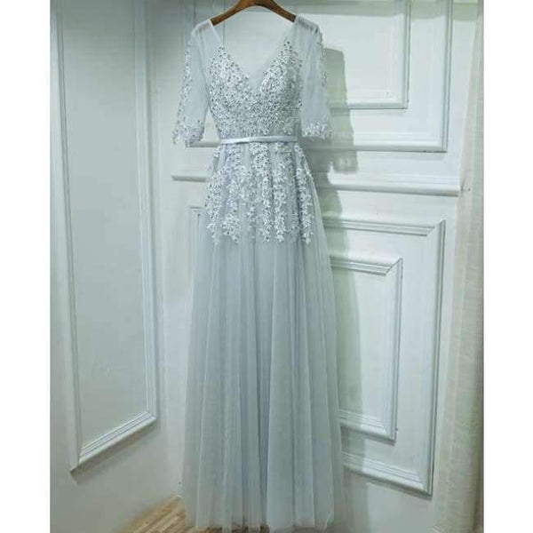 Planet Gates gray half sleeve / 2 V-neck Evening Dress Robe De Soiree 2018 High Quality Grey Tulle With Applique Evening Dresses Real Photo Vestido De Festa