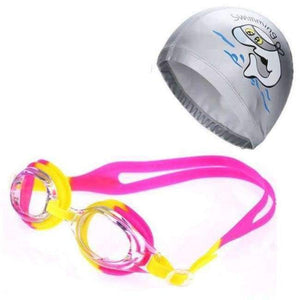 Planet Gates Gray Hot pink yellow / One Size Children Anti Fog UV Protection Waterproof Silicone Swimming Goggles Glasses Eyewear & PU Fabric Dolphin Swim Cap Hat Set
