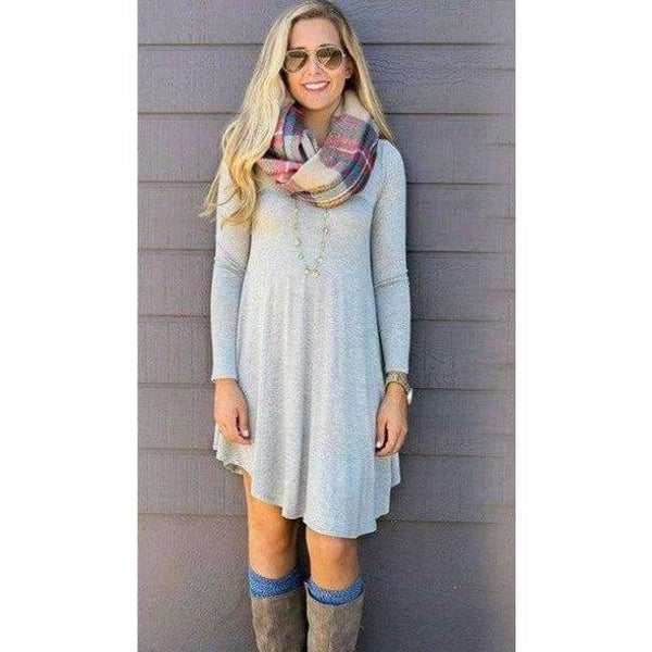 Planet Gates Gray / L 2018 Autumn Casual Loose Knitting Dress Women Solid O-Neck Long Sleeve Asymmetrical Hem Comfortable Dress Plus Size