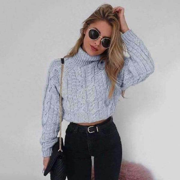 Planet Gates Gray / L Autumn Winter Turtleneck Crop Sweater Women Casual Solid Twist Short Pullover Sexy Thick Jumper LMM112