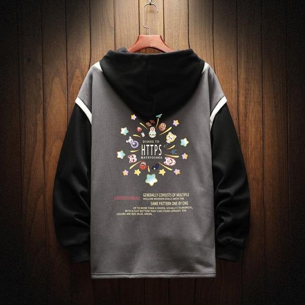 Planet Gates Gray / L Casual Sweatshirts Hoodie Harajuku Vintage Painted Style Splicing Hip Hop Creativity Streetwear Male 2021 Cotton Men Hoodies