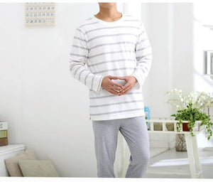 Planet Gates Gray / L Cotton Spring and Autumn Male Sleepwear Long-Sleeve O-Neck Pullover Striped Lounge Sleep Set