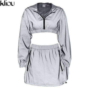 Planet Gates Gray / L Fashion Reflective Zipper Hooded Women Two Pieces Sets 2018 Autumn Reflective Hoodies Short Skirts Zip Pockets Female Sets