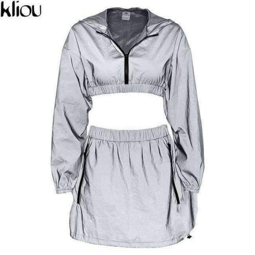 Planet Gates Gray / L Fashion Reflective Zipper Hooded Women Two Pieces Sets 2018 Autumn Reflective Hoodies Short Skirts Zip Pockets Female Sets
