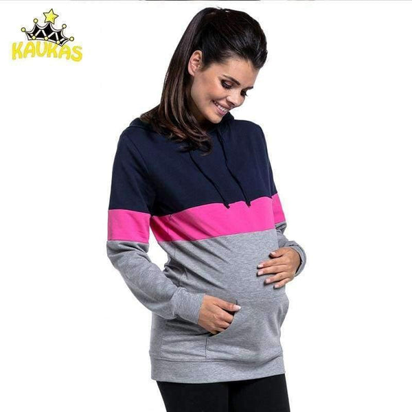 Planet Gates Gray / L Plus Size Pregnancy Nursing Long Sleeves Maternity Clothes Hooded Breastfeeding Tops Patchwork T-shirt for Pregnant Women