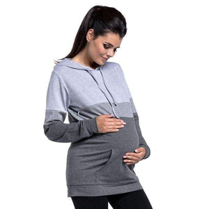 Planet Gates Gray / L Plus Size Pregnancy Nursing Long Sleeves Maternity Clothes Hooded Breastfeeding Tops Patchwork T-shirt for Pregnant Women