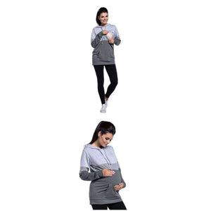 Planet Gates Gray / L Plus Size Pregnancy Nursing Long Sleeves Maternity Clothes Hooded Breastfeeding Tops Patchwork T-shirt for Pregnant Women