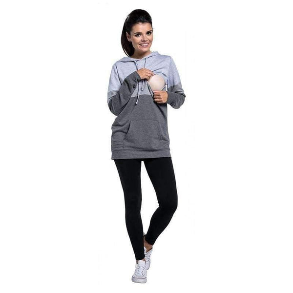 Planet Gates Gray / L Plus Size Pregnancy Nursing Long Sleeves Maternity Clothes Hooded Breastfeeding Tops Patchwork T-shirt for Pregnant Women