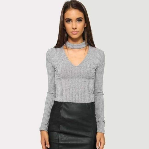 Planet Gates Gray / L Sexy Bodysuits Women 2018 Halter Knitted Autumn Winter Black Slim Bodycon Jumpsuit Romper Womens V-Neck Jumpsuit Tops