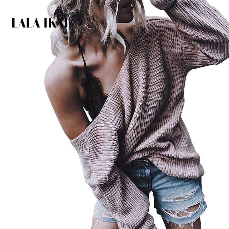 Planet Gates Gray / L Sexy Sweater Women Off Shoulder V Neck Fashion Pullovers Knitwear 2018 Autumn Solid Knitted Sweaters Mujer XL SWA1203