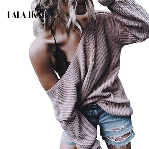 Planet Gates Gray / L Sexy Sweater Women Off Shoulder V Neck Fashion Pullovers Knitwear 2018 Autumn Solid Knitted Sweaters Mujer XL SWA1203
