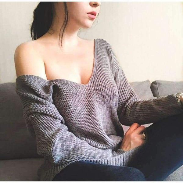 Planet Gates Gray / L Sexy Sweater Women Off Shoulder V Neck Fashion Pullovers Knitwear 2018 Autumn Solid Knitted Sweaters Mujer XL SWA1203