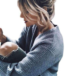 Planet Gates Gray / L Sexy Sweater Women Off Shoulder V Neck Fashion Pullovers Knitwear 2018 Autumn Solid Knitted Sweaters Mujer XL SWA1203