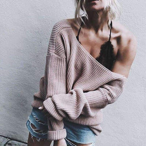 Planet Gates Gray / L Sexy Sweater Women Off Shoulder V Neck Fashion Pullovers Knitwear 2018 Autumn Solid Knitted Sweaters Mujer XL SWA1203