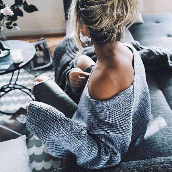 Planet Gates Gray / L Sexy Sweater Women Off Shoulder V Neck Fashion Pullovers Knitwear 2018 Autumn Solid Knitted Sweaters Mujer XL SWA1203