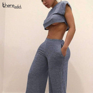 Planet Gates gray / L Two Piece Set Top And Pants 2 Piece Set Women Shorts Crop Top Autumn Sets Round Neck Two Piece Outfits Sets Women 2018