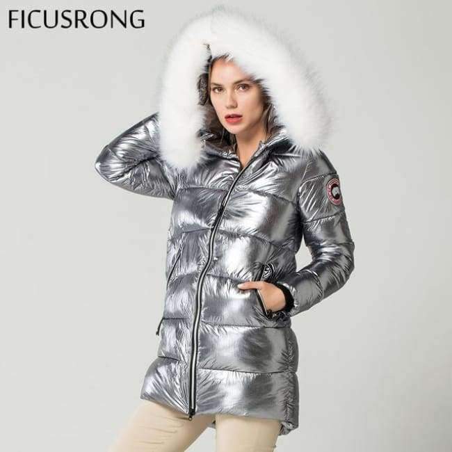 Planet Gates Gold / L White Fur Collar Coat Winter Jacket Women Long Down Parkas Female Warm Hooded Jacket Coat Silver Gray 2018 New FICUSRONG