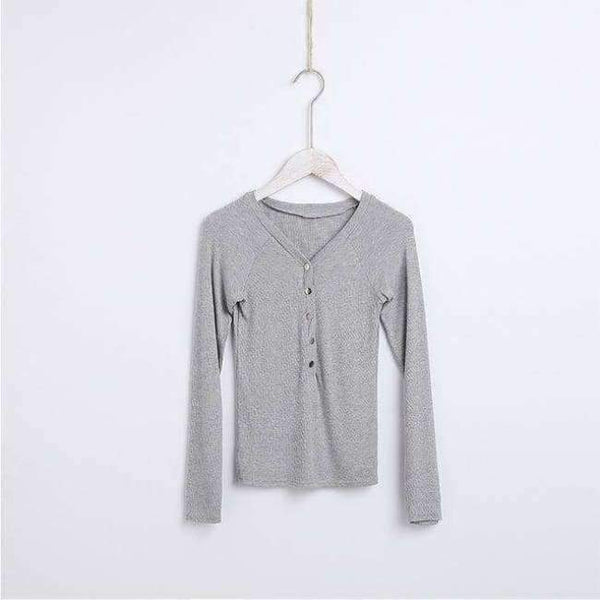 Planet Gates gray / M Basic V Neck Women Cotton T-shirts Female Casual Tops Long Sleeve T-shirt Women Soft Elegant Knit Top Tees With Button