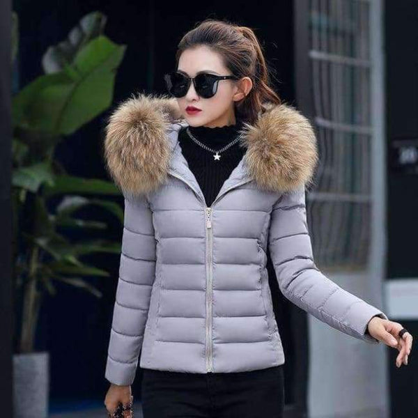 Planet Gates Gray / M Coat Autumn With Fur Collar Hooded Cotton Padded Winter Jacket Women Short Outwear Basic Jacket