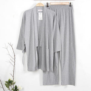 Planet Gates Gray / M Kimono Pajamas set Men Sleep Spring Autumn Knitted 100% Cotton Lounge clothing Mens Sleep Kimono