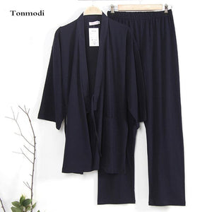 Planet Gates Gray / M Kimono Pajamas set Men Sleep Spring Autumn Knitted 100% Cotton Lounge clothing Mens Sleep Kimono