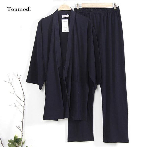 Planet Gates Gray / M Kimono Pajamas set Men Sleep Spring Autumn Knitted 100% Cotton Lounge clothing Mens Sleep Kimono