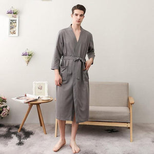 Planet Gates Gray Men / M Unisex Men Women Sleeve Solid Waffle Sleep Lounge Bathrobe Nightgown Lovers Robes