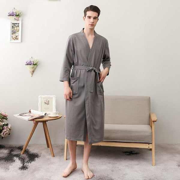Planet Gates Gray Men / M Unisex Men Women Sleeve Solid Waffle Sleep Lounge Bathrobe Nightgown Lovers Robes