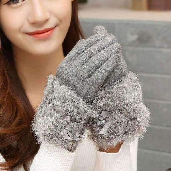 Planet Gates Gray / one size Autumn Winter Ladies Cashmere Gloves Female Bow Tie Rabbit Fur Wool Mitten Gloves Sweet Elegant All Match Women Grey Gloves