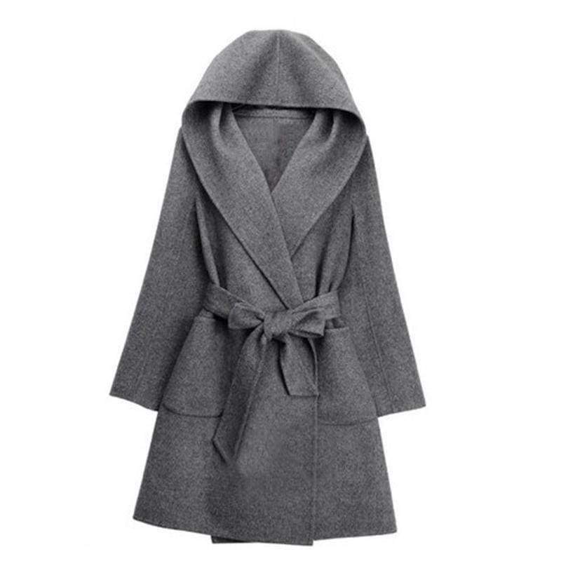 Planet Gates Gray / One Size New Winter Women Wool Coat Long Sleeve Two Sides Wear Belted Loose Warm Woolen Jacket Hooded Outerwear H9