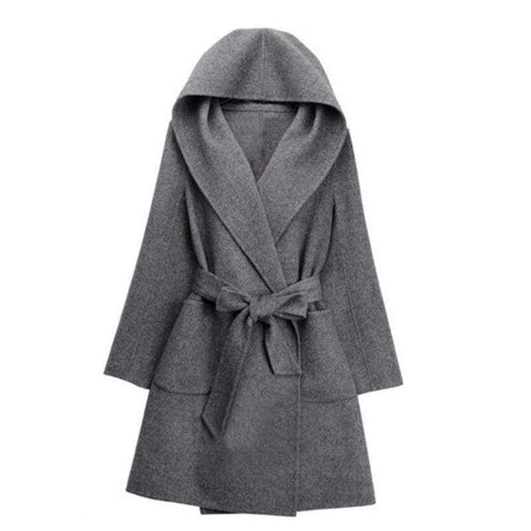 Planet Gates Gray / One Size New Winter Women Wool Coat Long Sleeve Two Sides Wear Belted Loose Warm Woolen Jacket Hooded Outerwear H9
