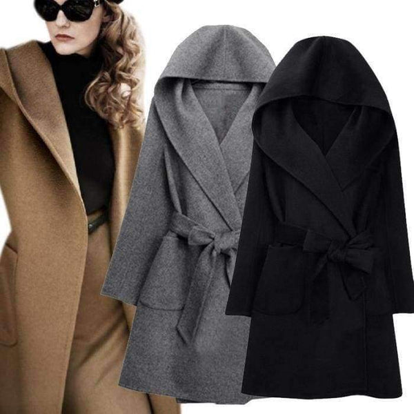 Planet Gates Gray / One Size New Winter Women Wool Coat Long Sleeve Two Sides Wear Belted Loose Warm Woolen Jacket Hooded Outerwear H9