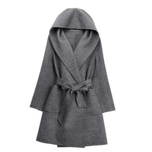 Planet Gates Gray / One Size New Winter Women Wool Coat Long Sleeve Two Sides Wear Belted Loose Warm Woolen Jacket Hooded Outerwear H9