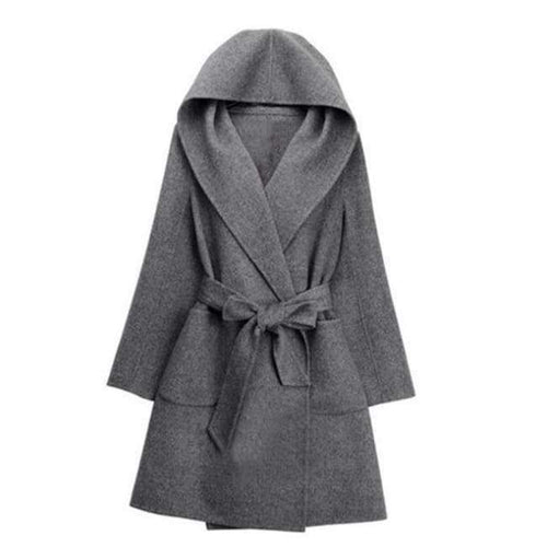 Planet Gates Gray / One Size New Winter Women Wool Coat Long Sleeve Two Sides Wear Belted Loose Warm Woolen Jacket Hooded Outerwear H9